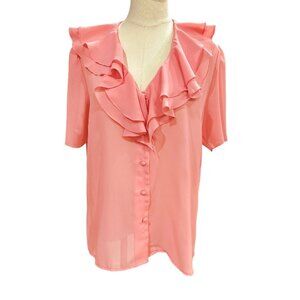 Vintage Rhoda Lee Ruffle Blouse Top Size 16 Peach Sheer Fairy Feminine Career